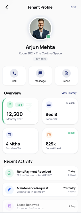 Tenant profile with rent and activity history